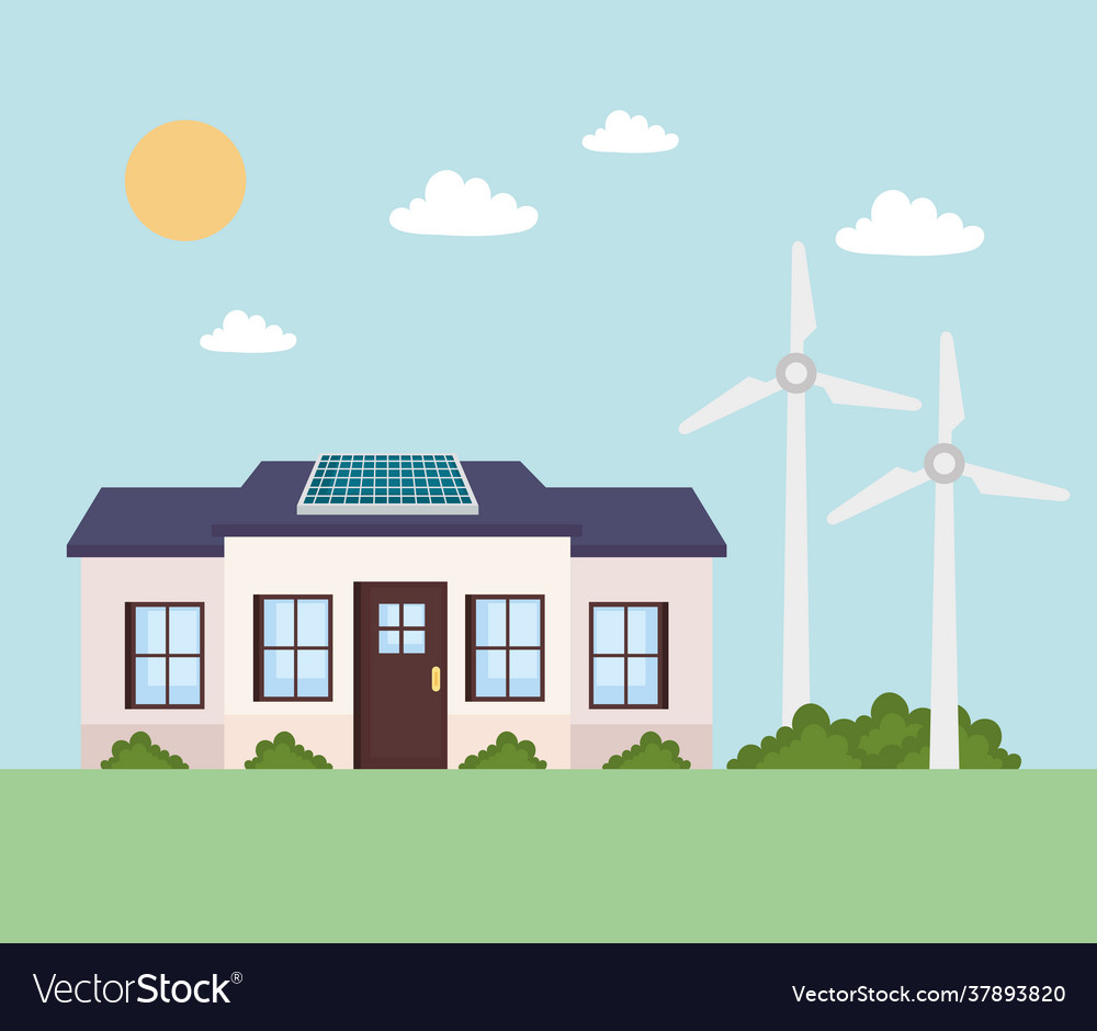 Solar panel on house with wind mills