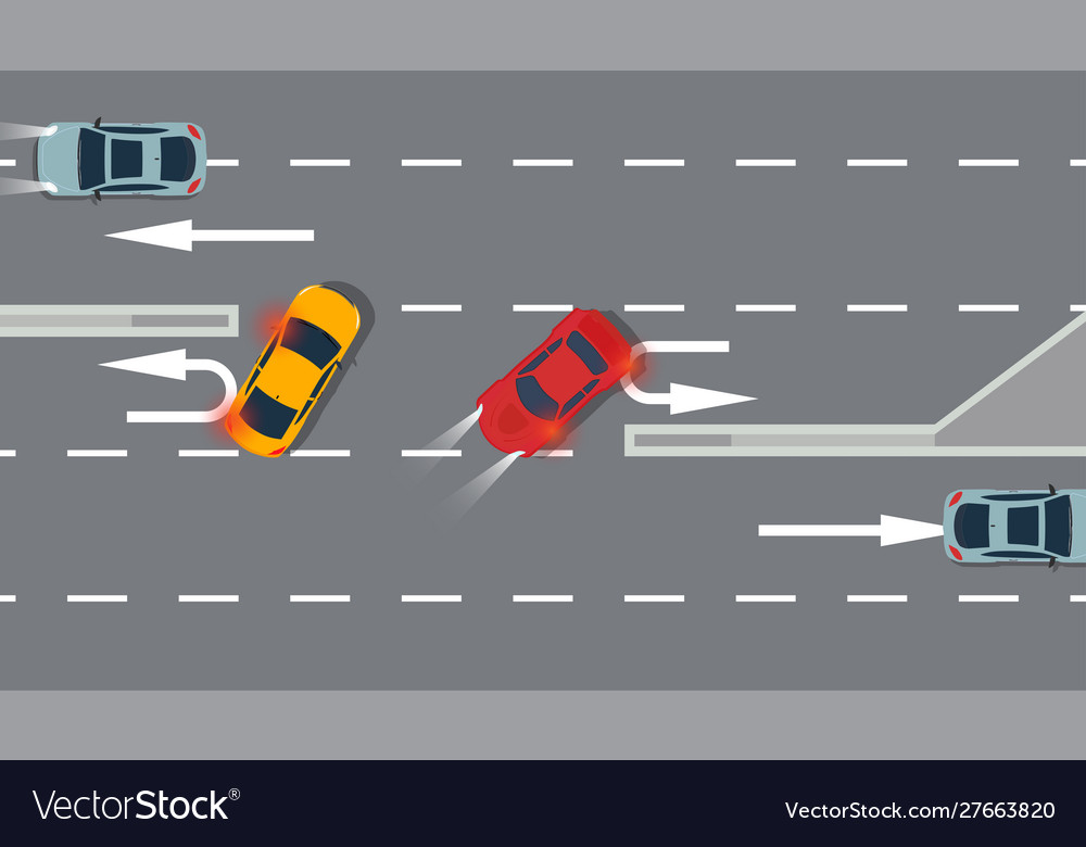 U turn car red and yellow top view traffic road