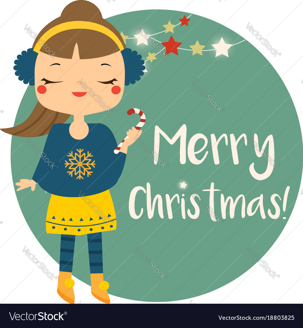 Cute winter girl holding candy cane merry Vector Image