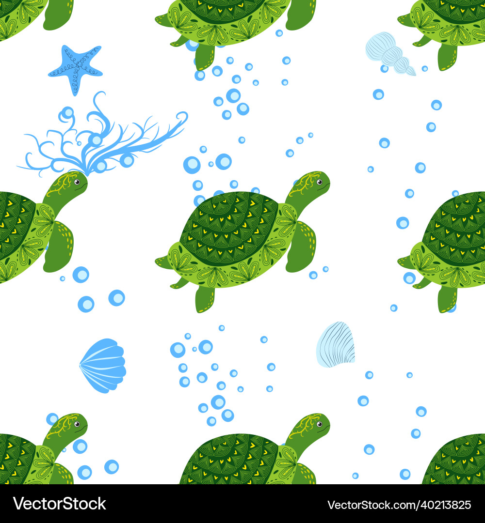 Turtle green seamless pattern beautiful character Vector Image