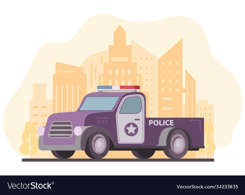 Police pickup truck city skyline with skyscrapers