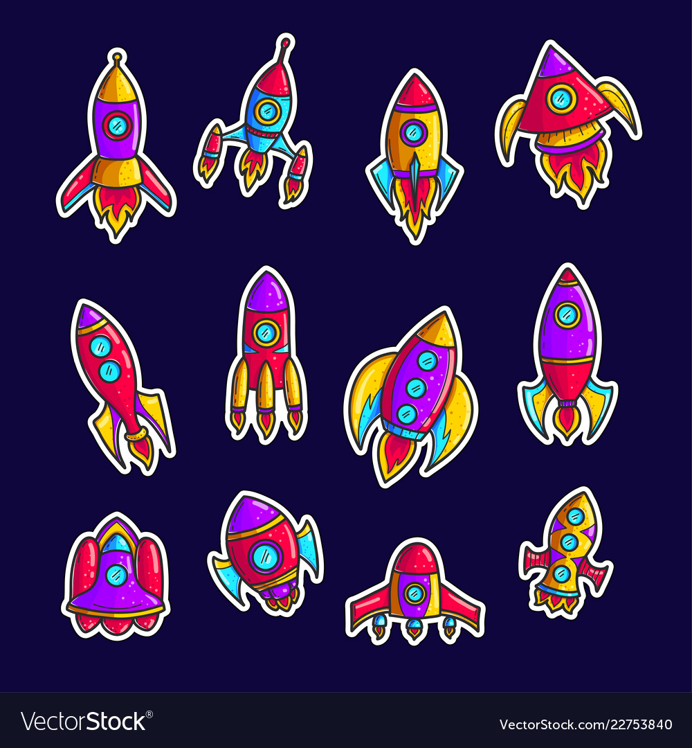 Cartoon rockets hand drawn color patches set