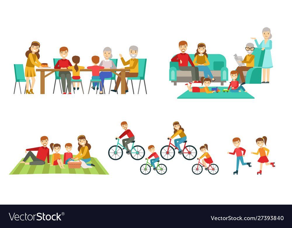 Happy family having good time together set Vector Image