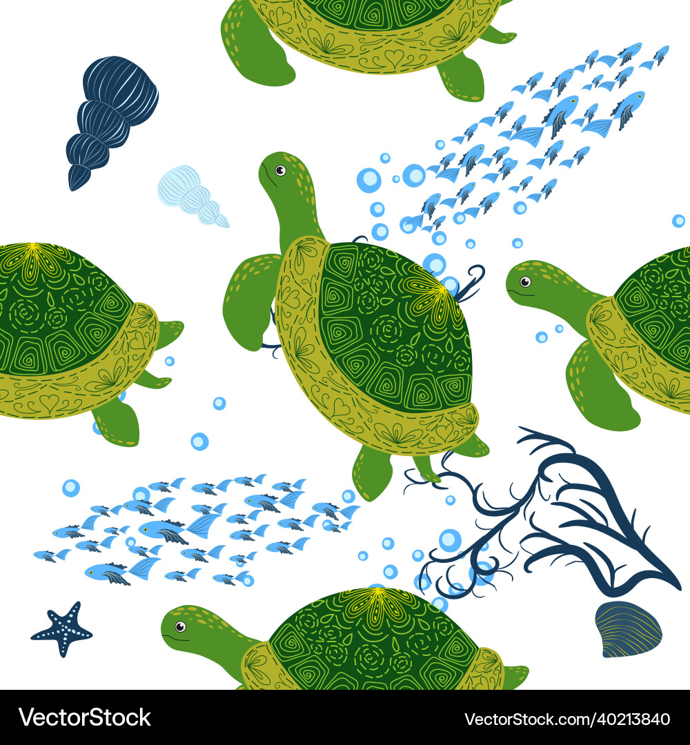 Turtle green seamless pattern beautiful character Vector Image