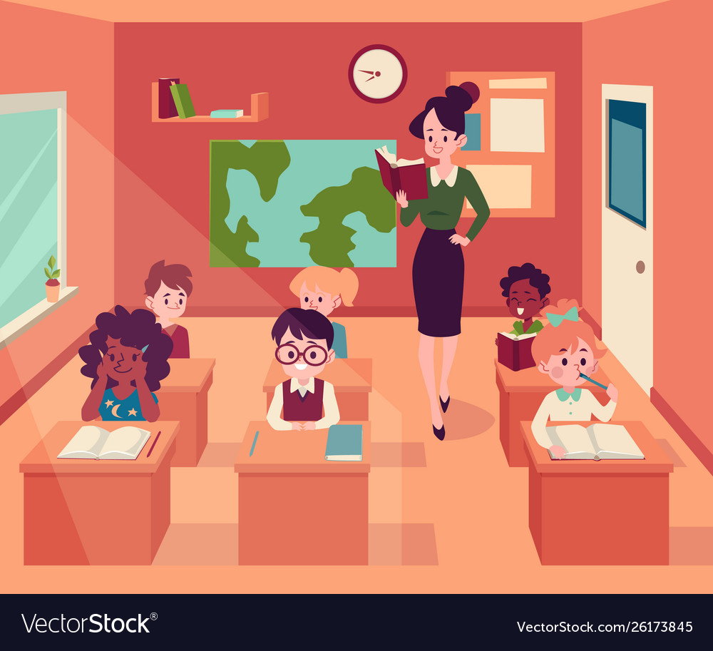 Woman stands in classroom holding book and Vector Image