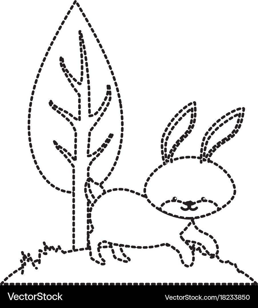 Dotted shape cute rabbit wild animal next to tree Vector Image