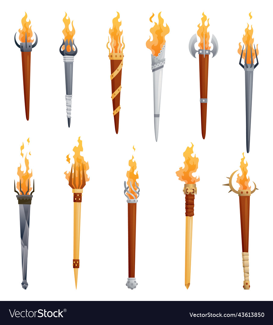 Medieval torches with burning fire set ancient Vector Image