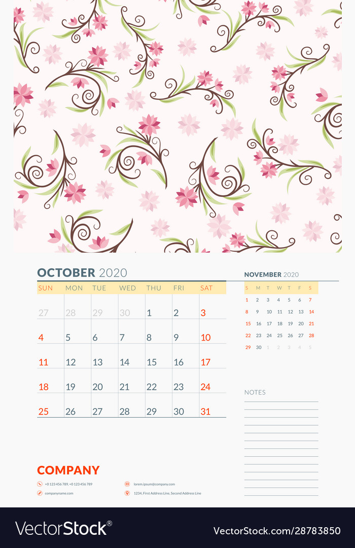 Wall calendar template for october 2020 week Vector Image
