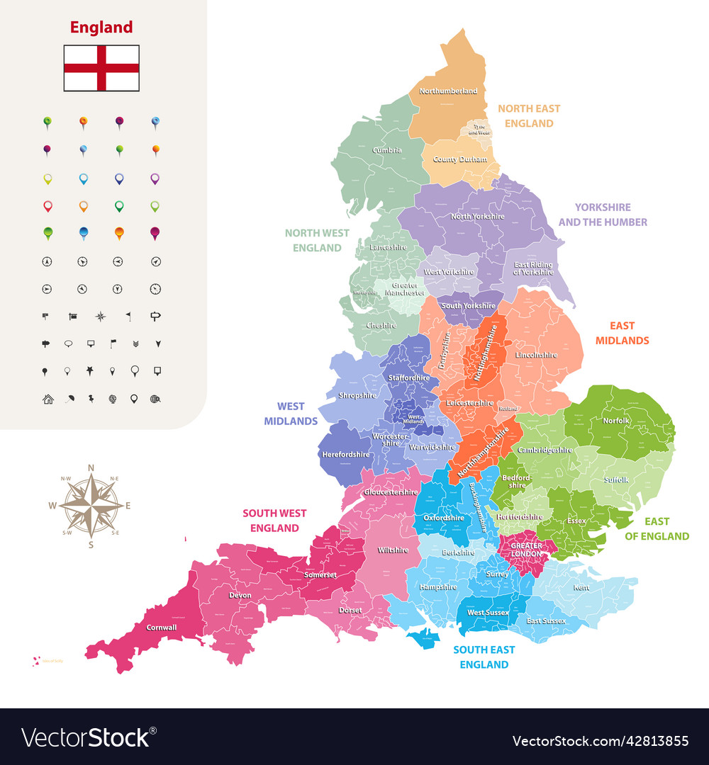 England ceremonial counties map flag of Royalty Free Vector