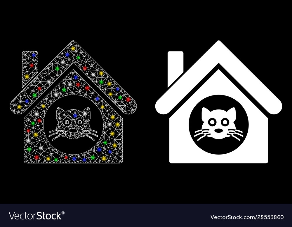 Bright mesh network cat house icon with flash