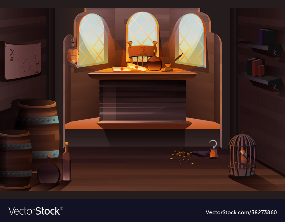 Pirate captain ship cabin wooden room interior Vector Image