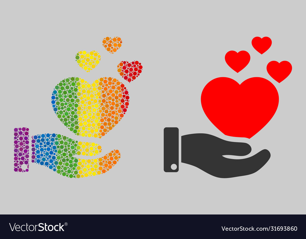 Rainbow hand offer love hearts composition icon