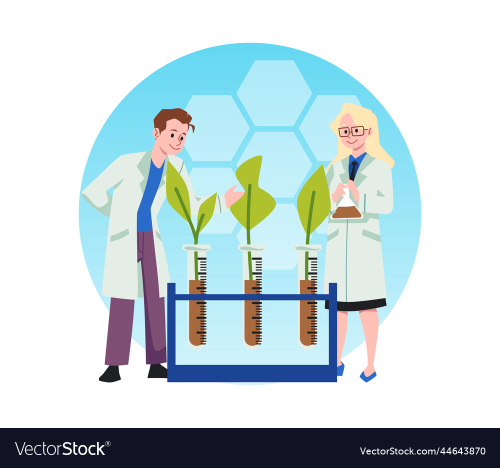 Scientists growing plants in flask flat