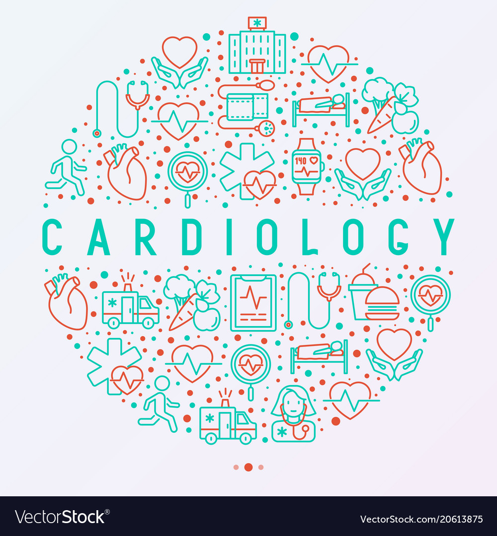 Cardiology concept in circle with thin line icons