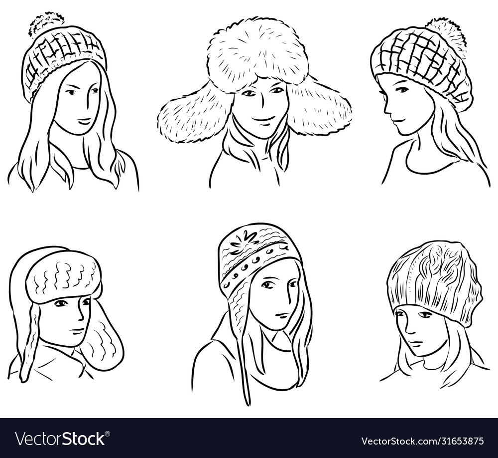 Contour drawings female heads in various warm