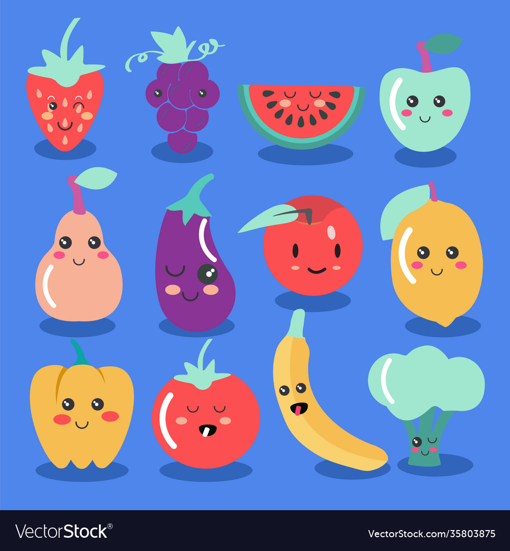 Cute kawaii fruit and vegetable icon set