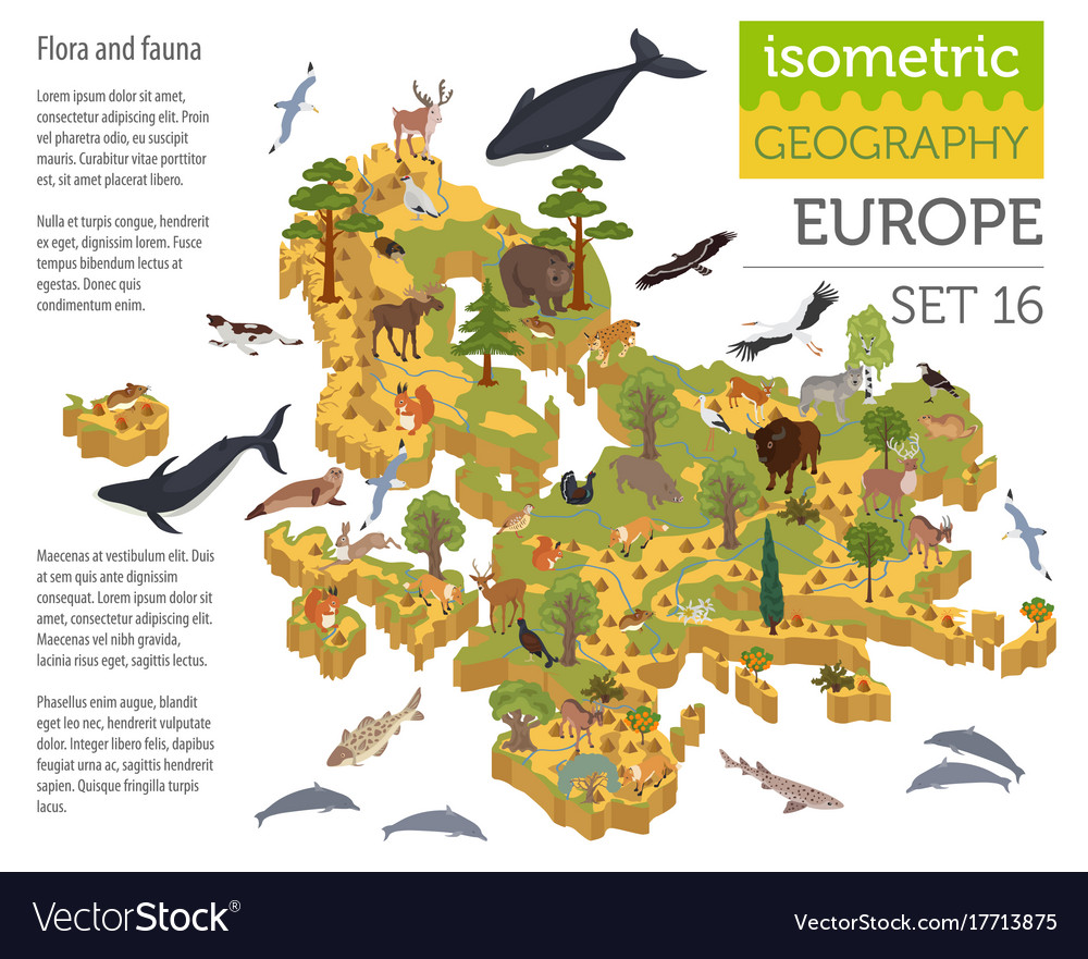 Isometric 3d european flora and fauna map