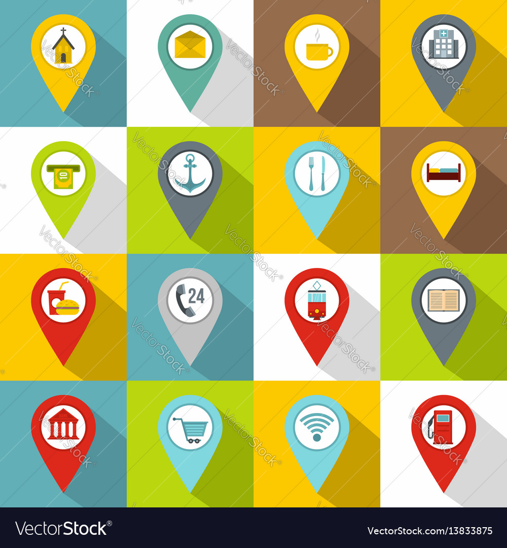 Points of interest icons set flat style Royalty Free Vector