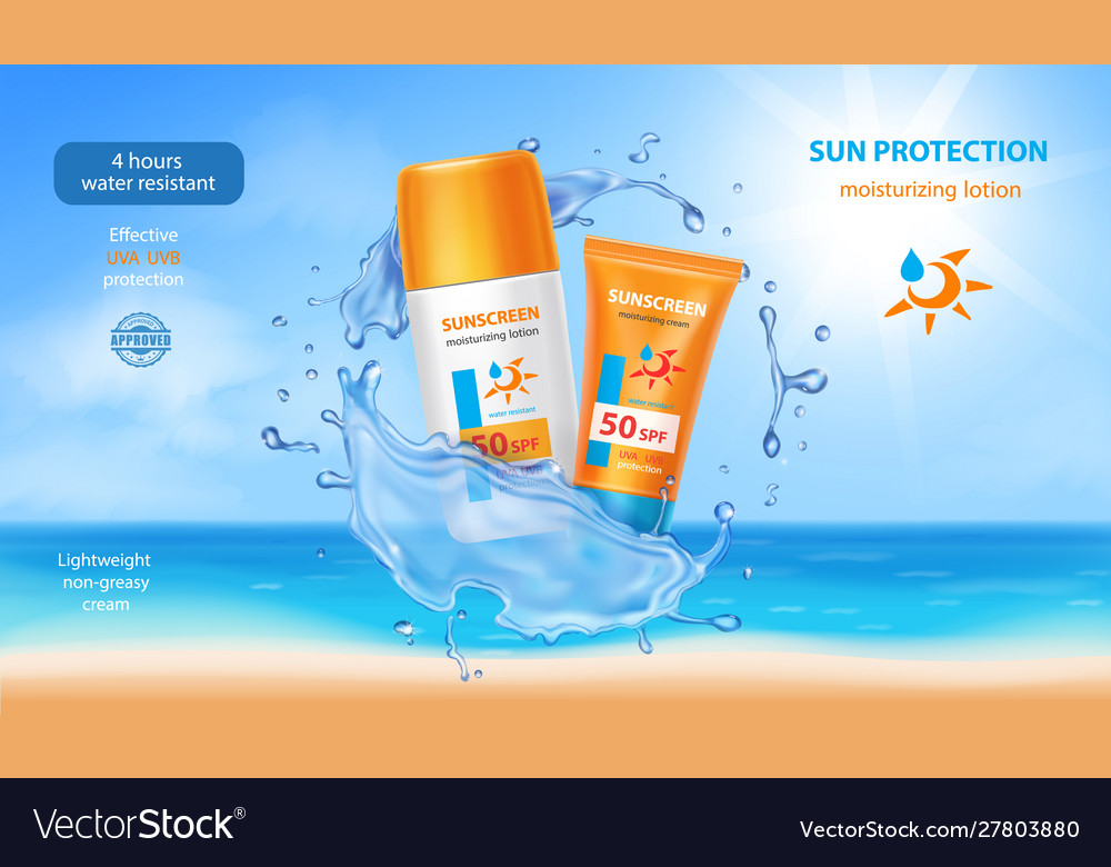 Sunscreen cream tubes in water realistic splash Vector Image