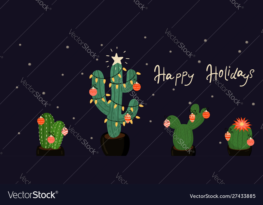 Banner with christmas decorated cacti