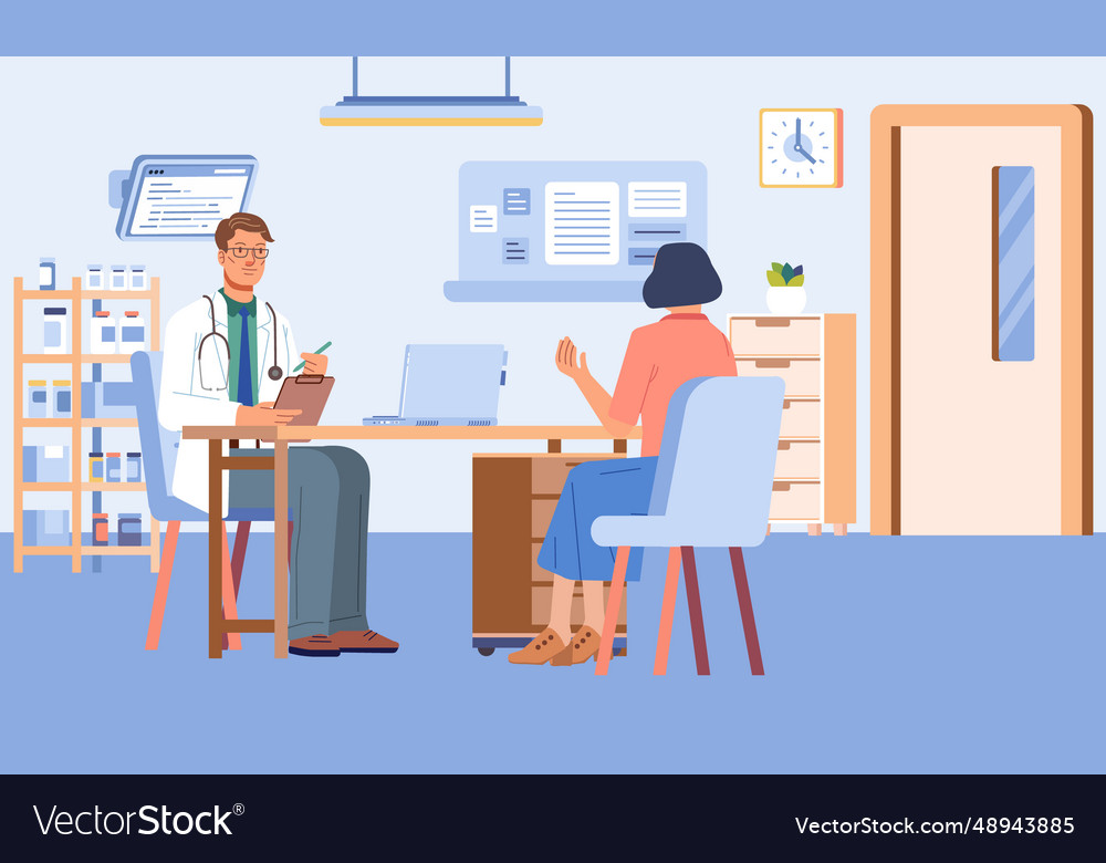 Doctor and woman patient at desk in hospital Vector Image