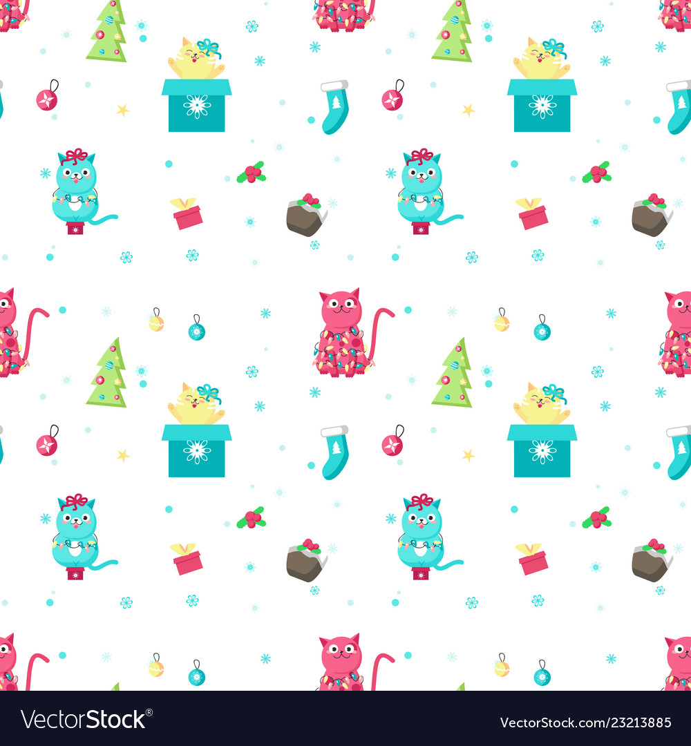 Seamless pattern with cute christmas cats vector image Seamless pattern with cute christmas cats