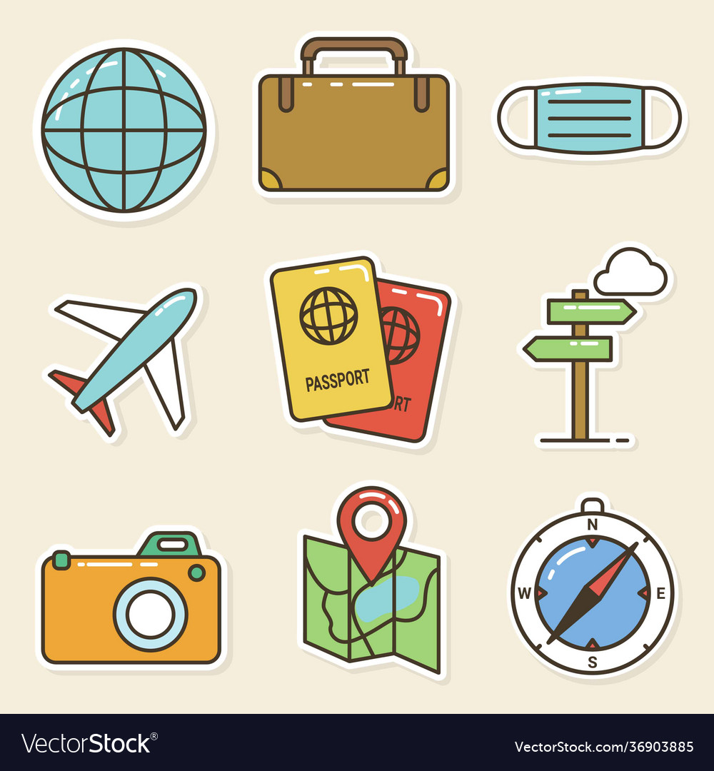 Travel elements cartoon icon collection Royalty Free Vector