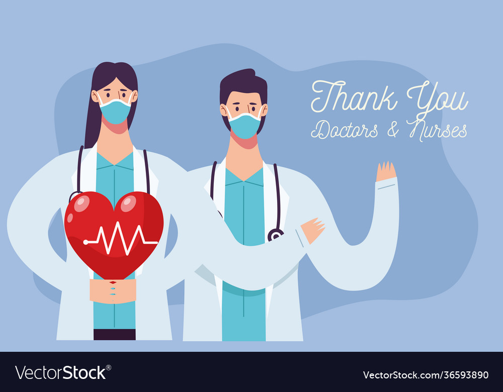 Doctors couple wearing facemask with heart Vector Image