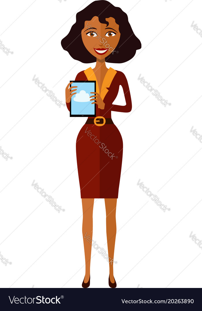 Happy african american frau charakter mit tablet