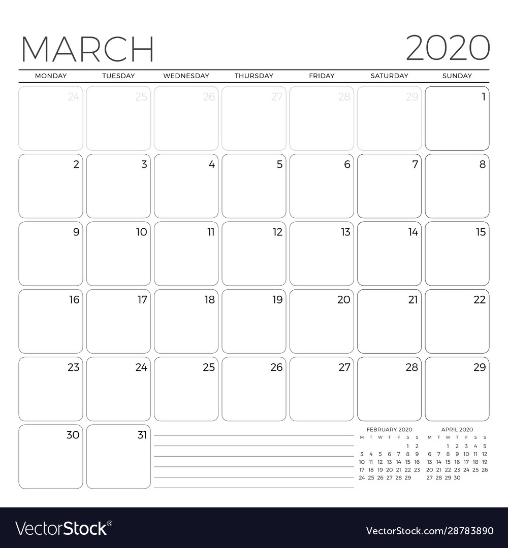 March 2020 monthly calendar planner template Vector Image