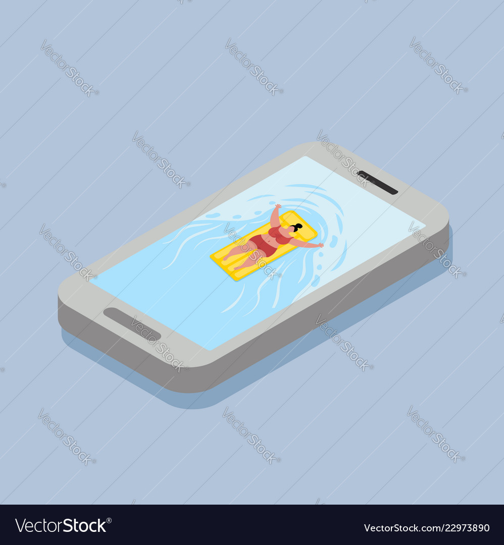 Frau schwimmen auf dem Handy