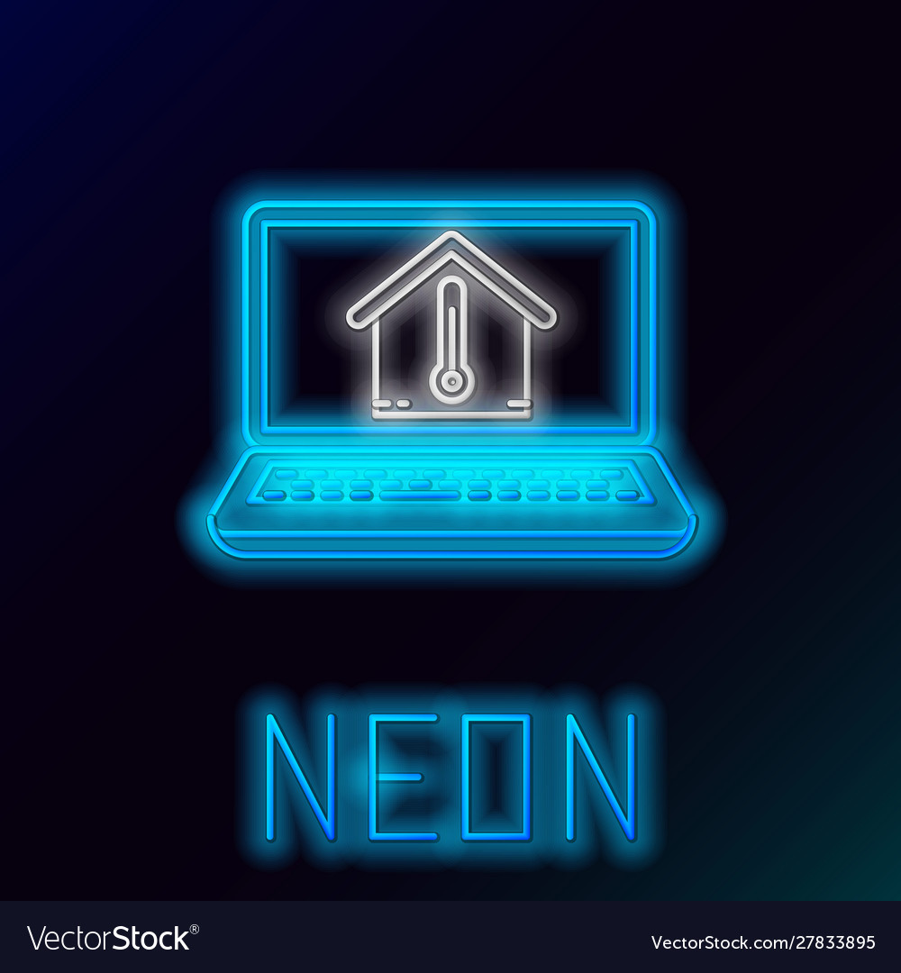 Blue glowing neon line laptop with house