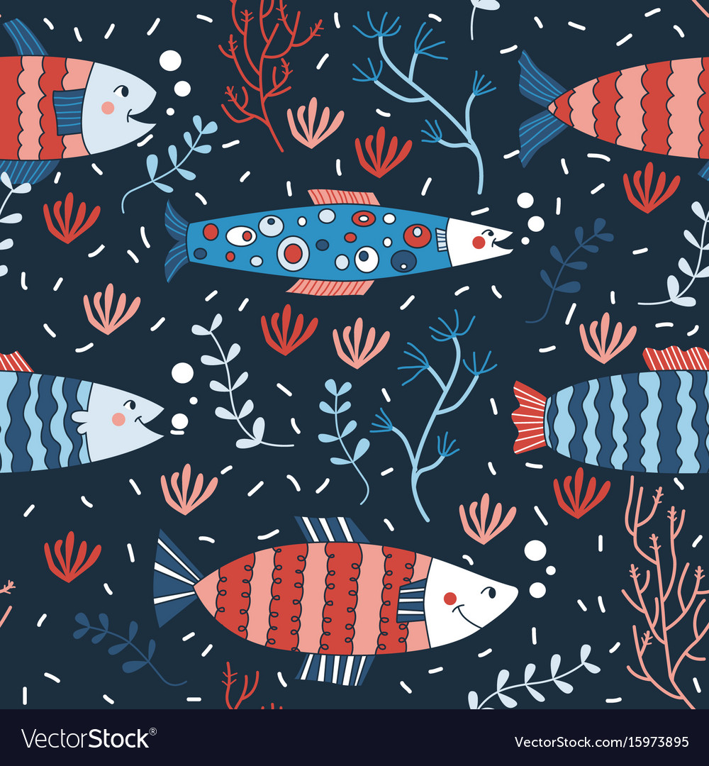 Seamless pattern fish swimming underwater doodle