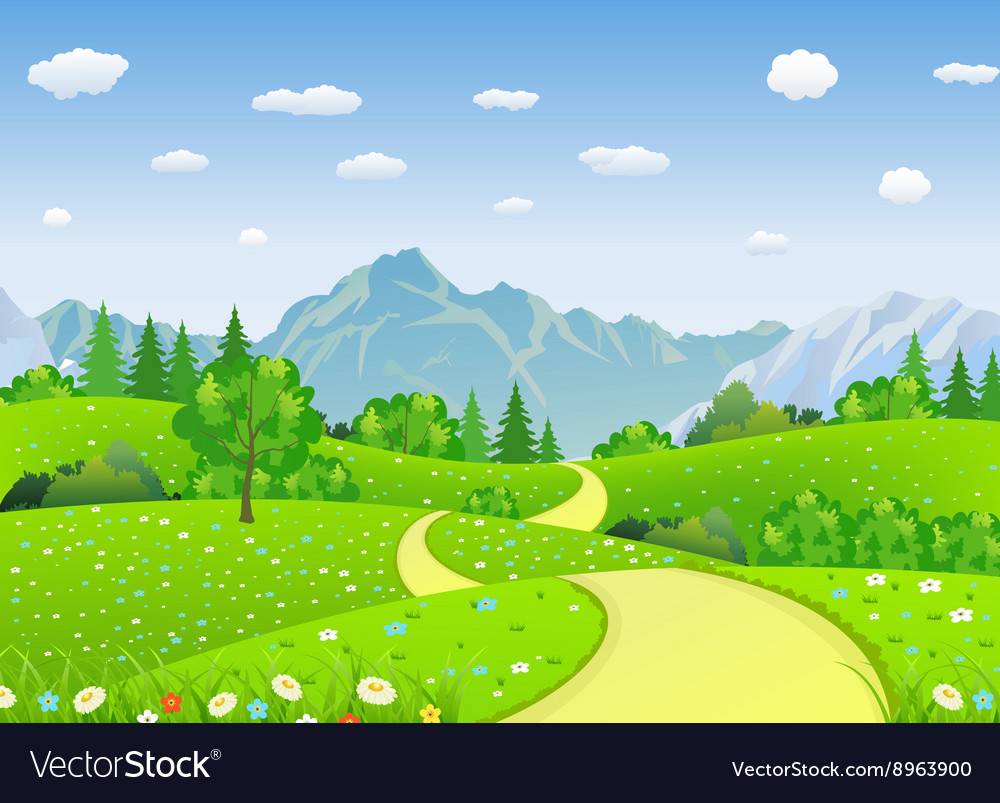 Summer landscape with meadows and mountains Vector Image