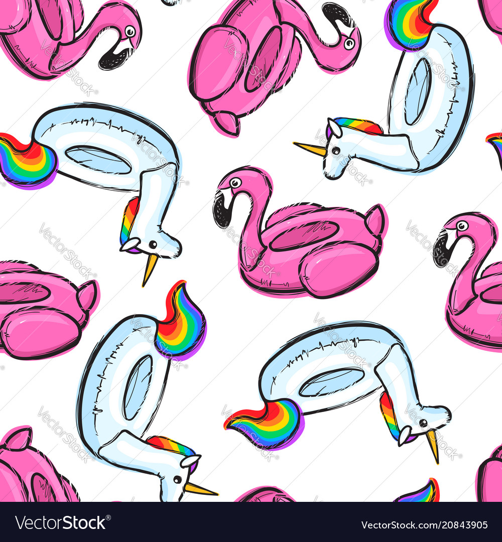 Seamless pattern with inflatable pink flamingo