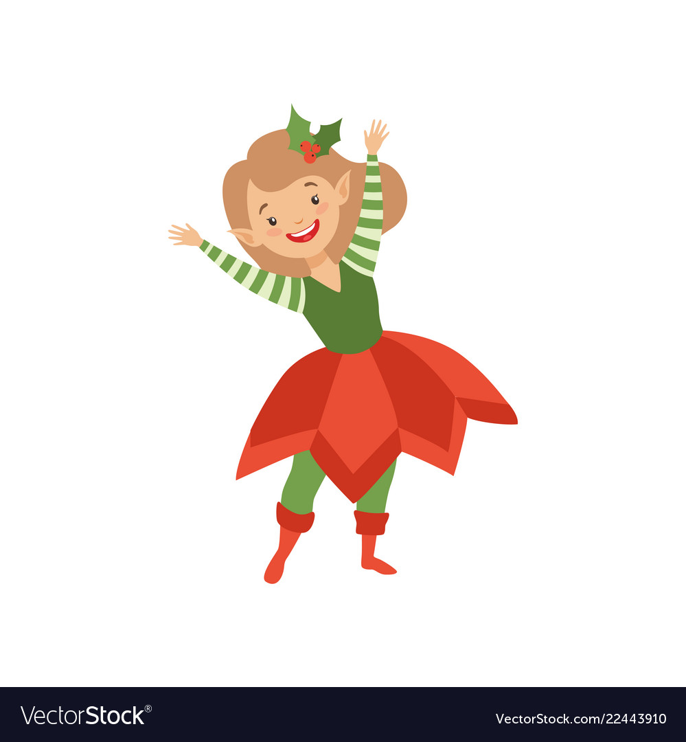 Lovely happy girl in elf costume little santa