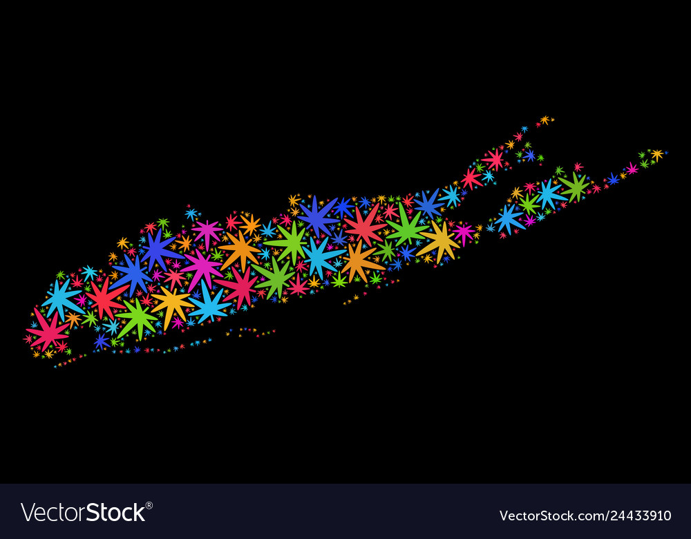 Mosaic long island map of colored marijuana leaves