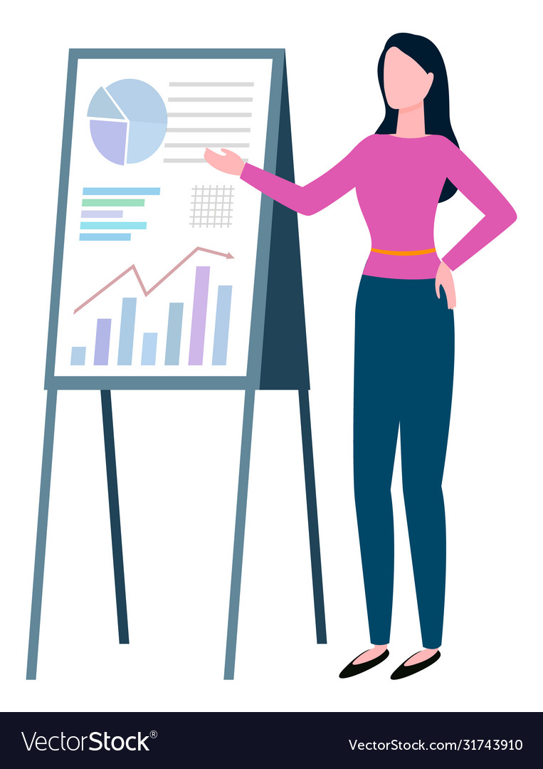 Woman standing near board with graphs and charts