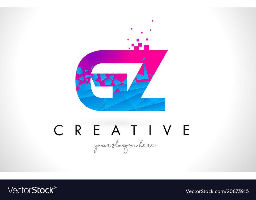 Gz g z letter logo with shattered broken blue