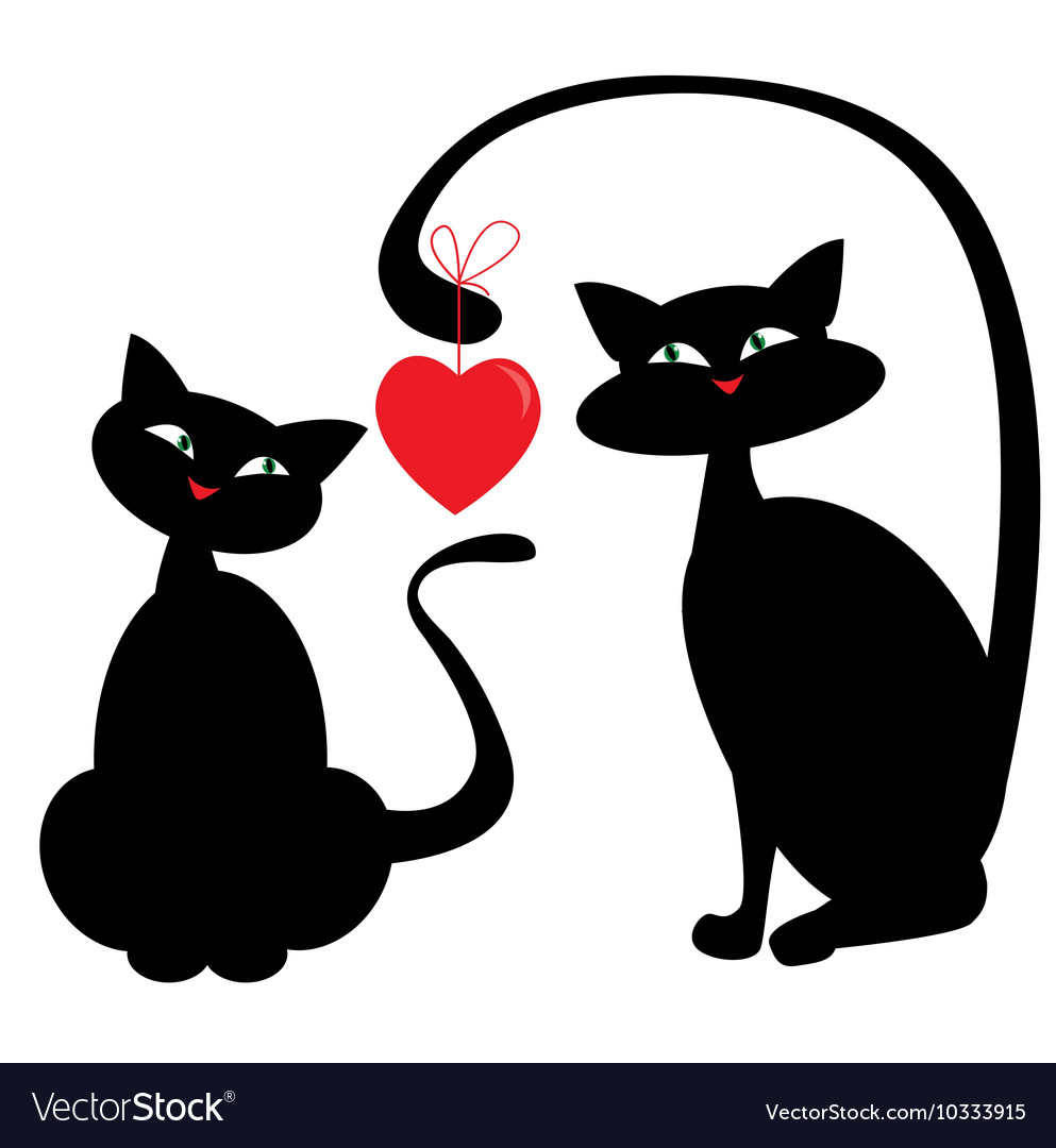 Silhouettes Of Two Sitting Cats Looking At Red Heart Pets Love