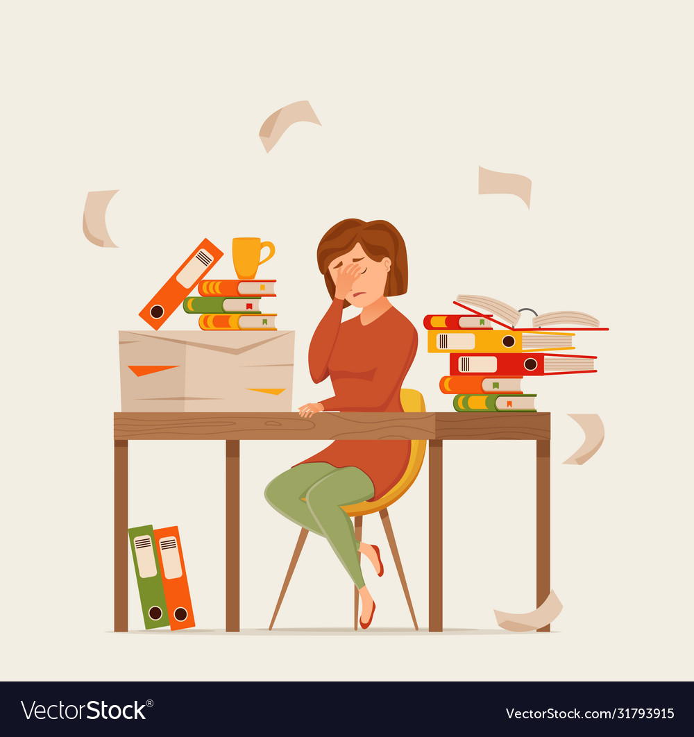 Woman busy tired working on computer colorful Vector Image