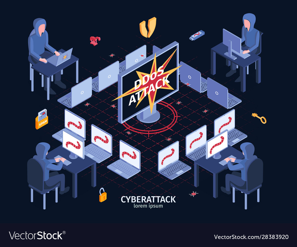 Ddos attack isometric composition Royalty Free Vector Image