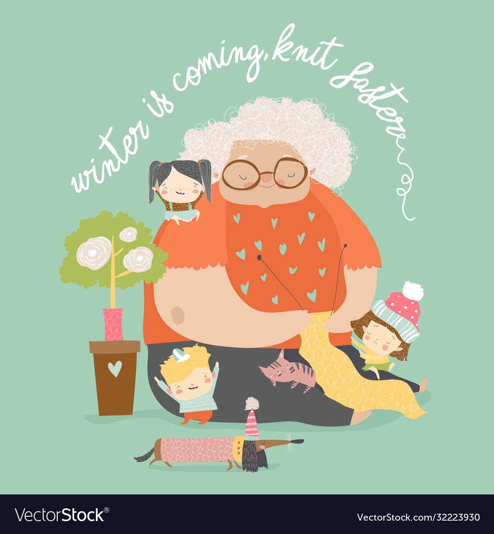 Cartoon funny grandmother knit for her Royalty Free Vector Cartoon funny grandmother knit for her Royalty Free Vector