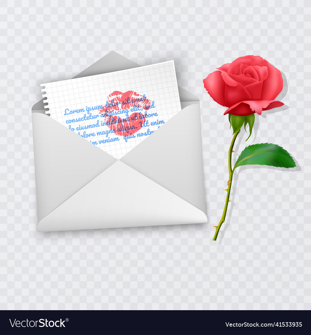 A love letter with red rose on transparent