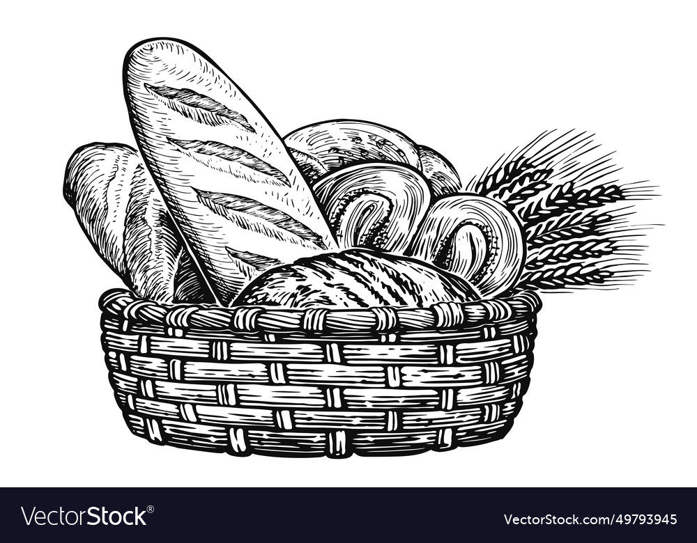 Basket With Bread Bakery Products Royalty Free Vector Image