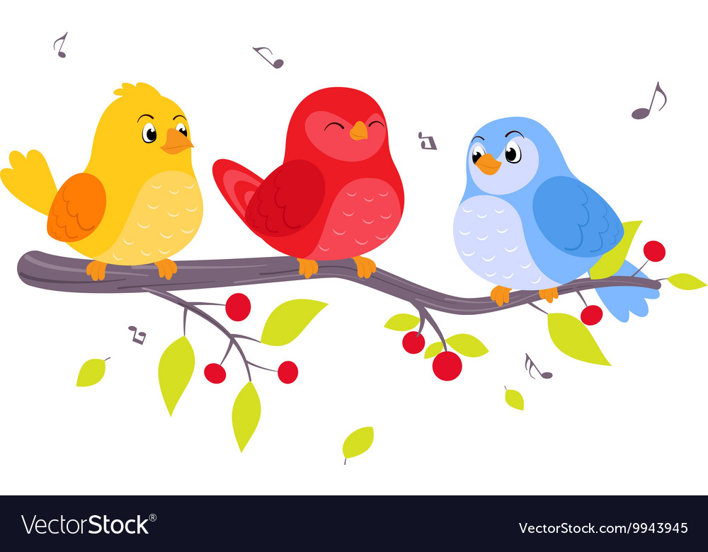 Colorful birds sitting on branch Royalty Free Vector Image