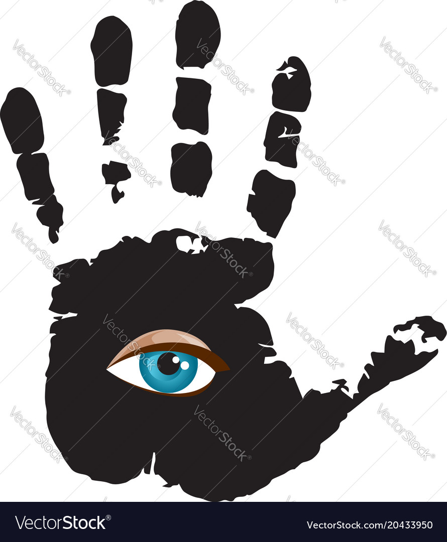 Black hand print with blue all seeing eye inside Vector Image