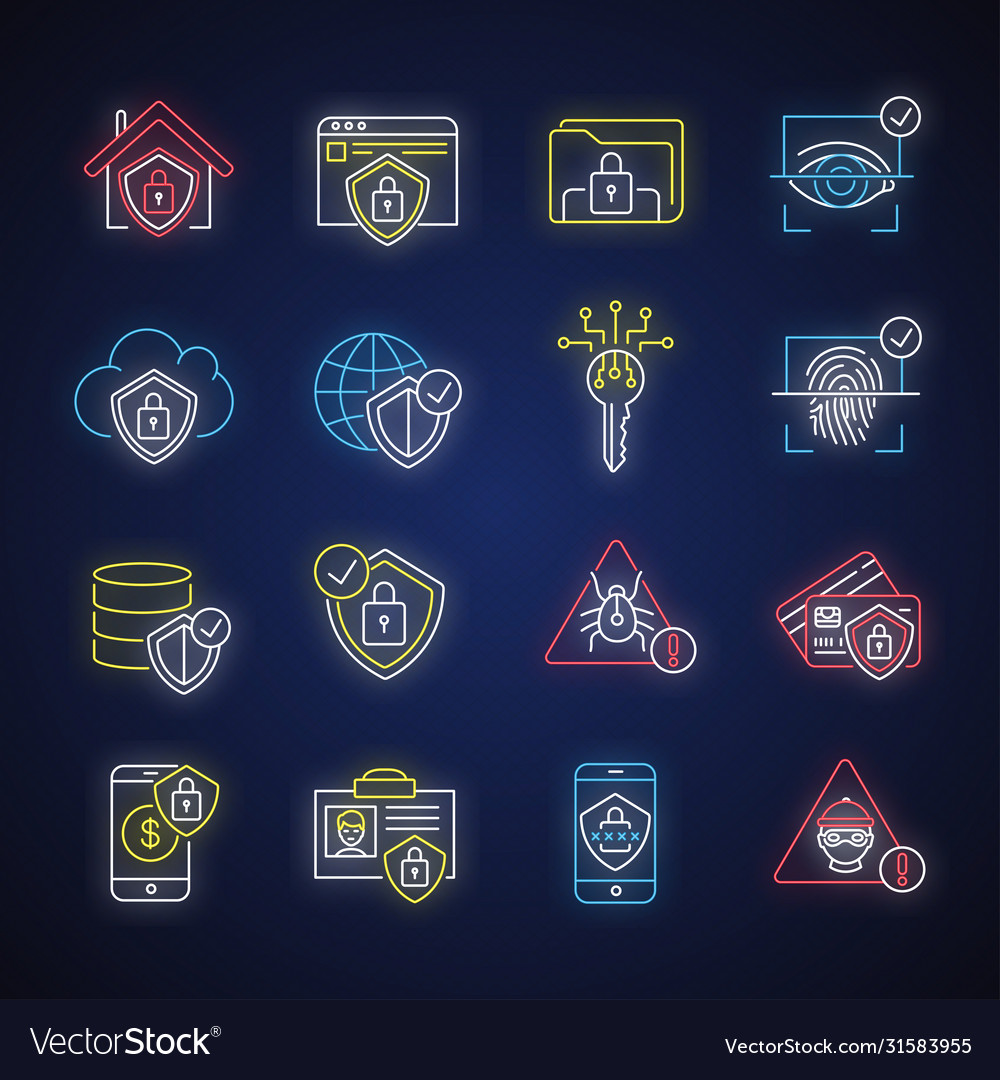 Internet security system neon light icons set