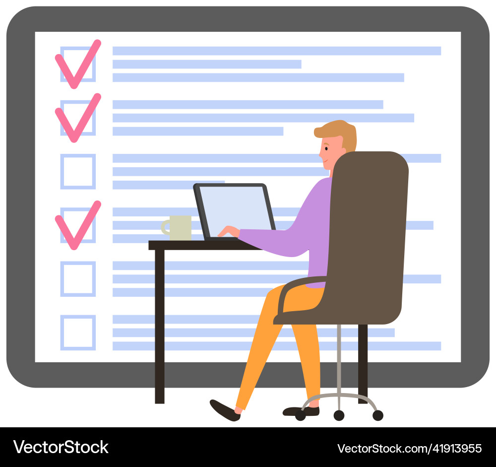 Male employee works with checklist task planner Vector Image