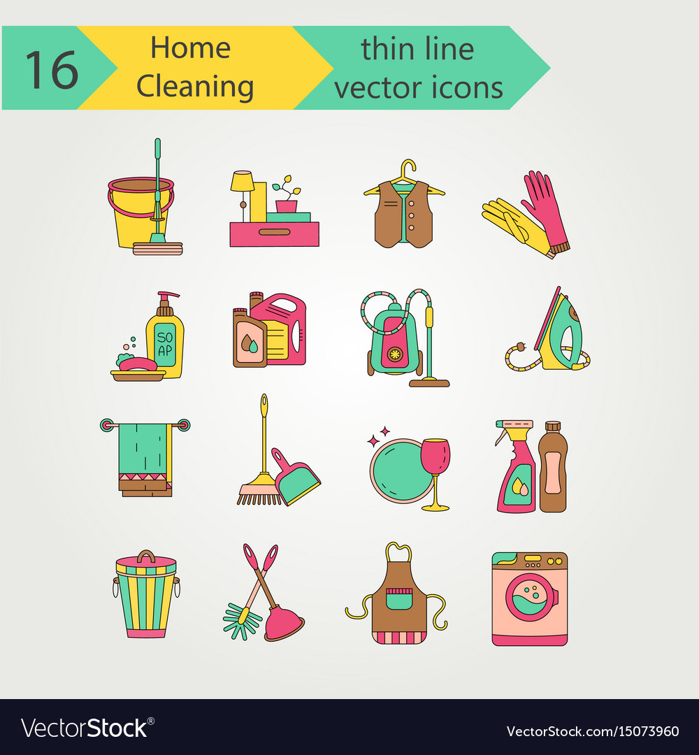 House cleaning color thin line icon set